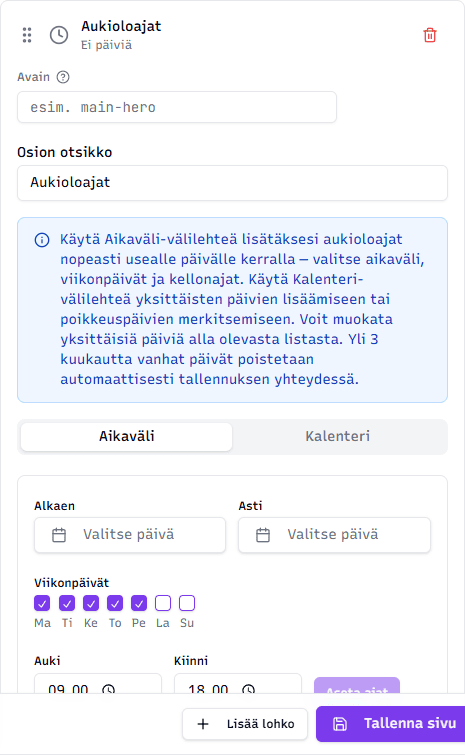 Aukioloajat-lohkon muokkaus