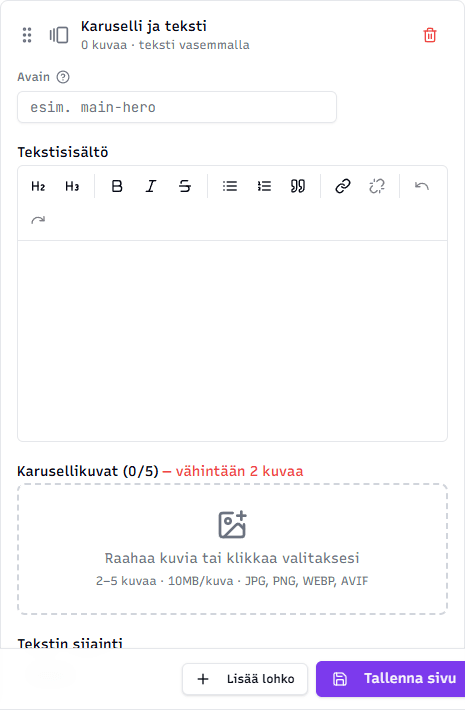 Karuselli ja teksti -lohkon muokkaus