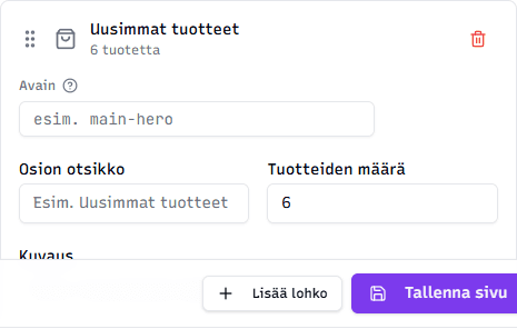 Uusimmat tuotteet -lohkon muokkaus