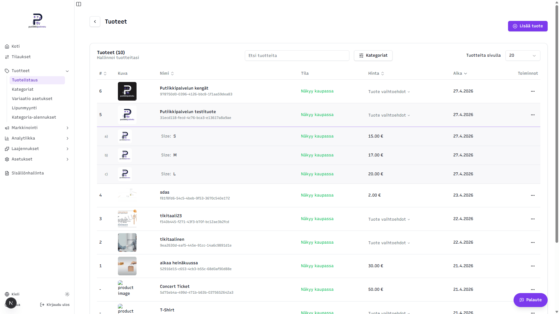 Tuotelistauksessa tuote on laajennettu näyttämään variaatiot a), b) ja c) hinnoineen — variaation rivi on klikattava