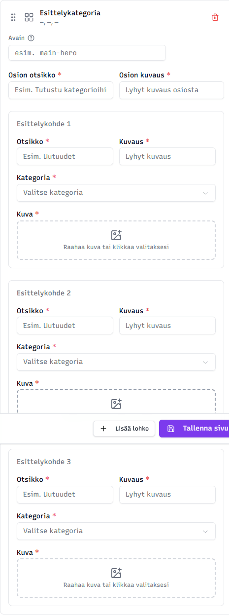Esittelykategoria-lohkon muokkaus