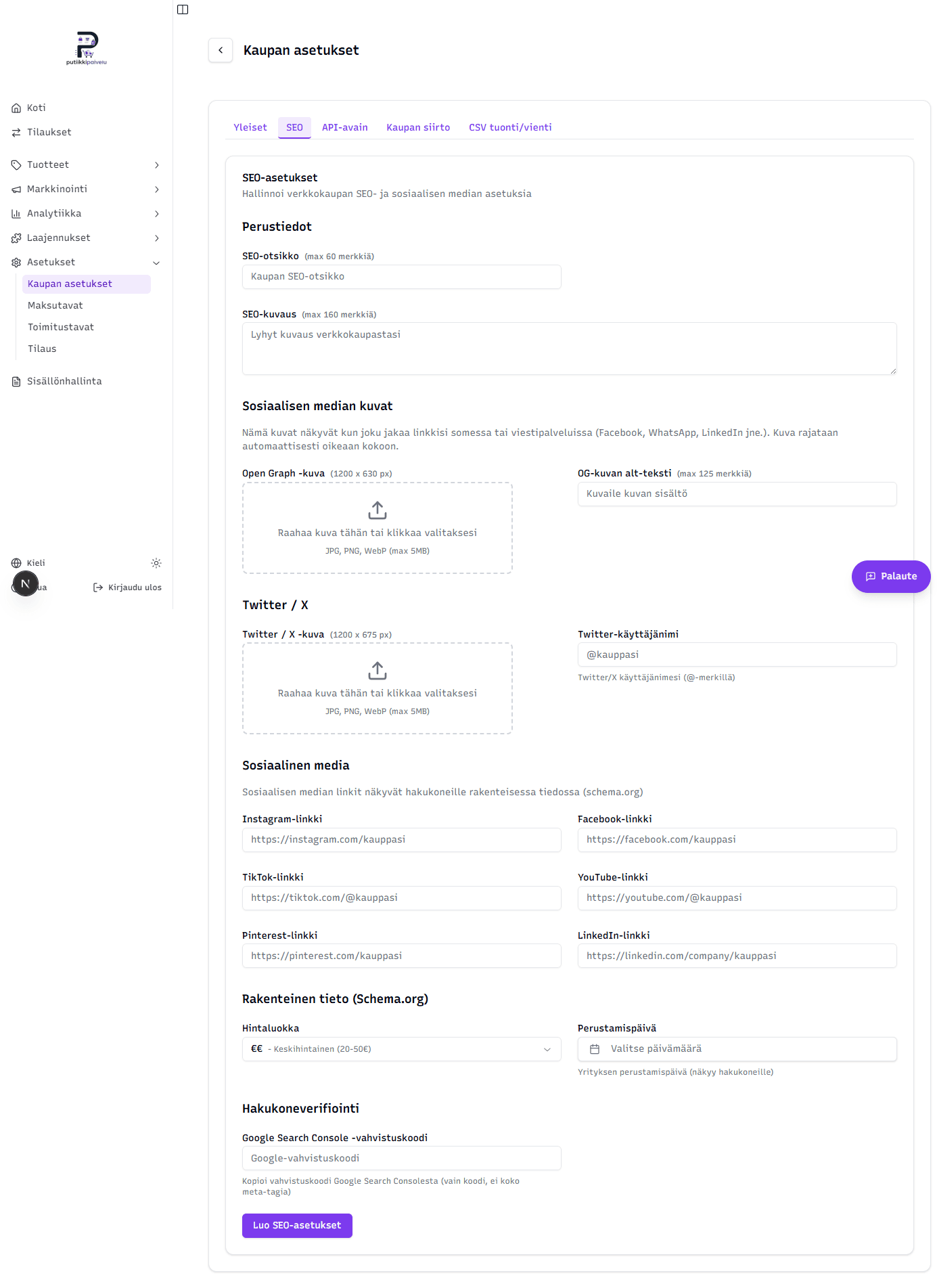 Kaupan asetukset – SEO-välilehti