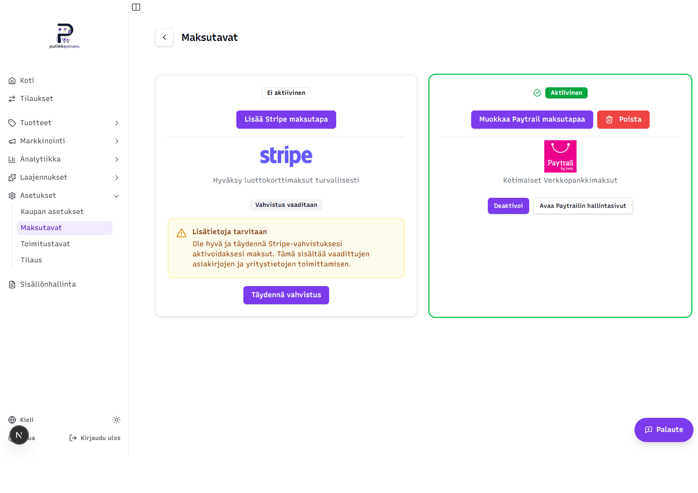 Maksutavat — yleiskuva, Stripe ja Paytrail rinnakkain